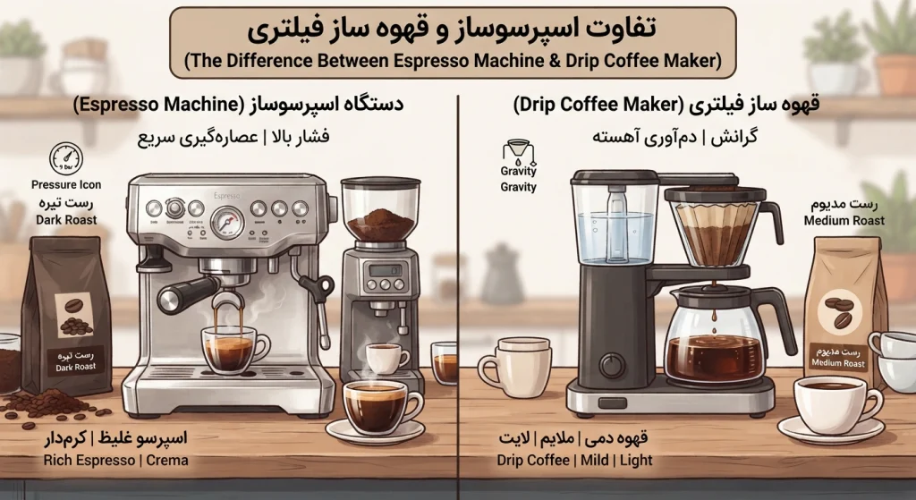 اسپرسوساز با دستگاه قهوه ساز فیلتری باهم چه تفاوتی دارند؟